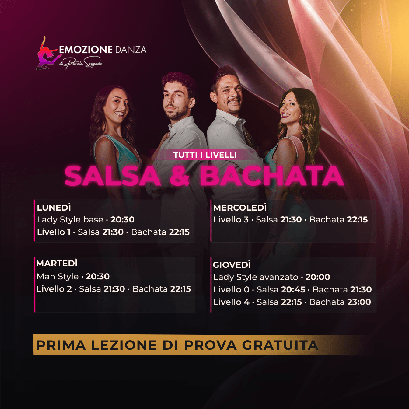 Salsa e Bachata: tutti i livelli e gli orari